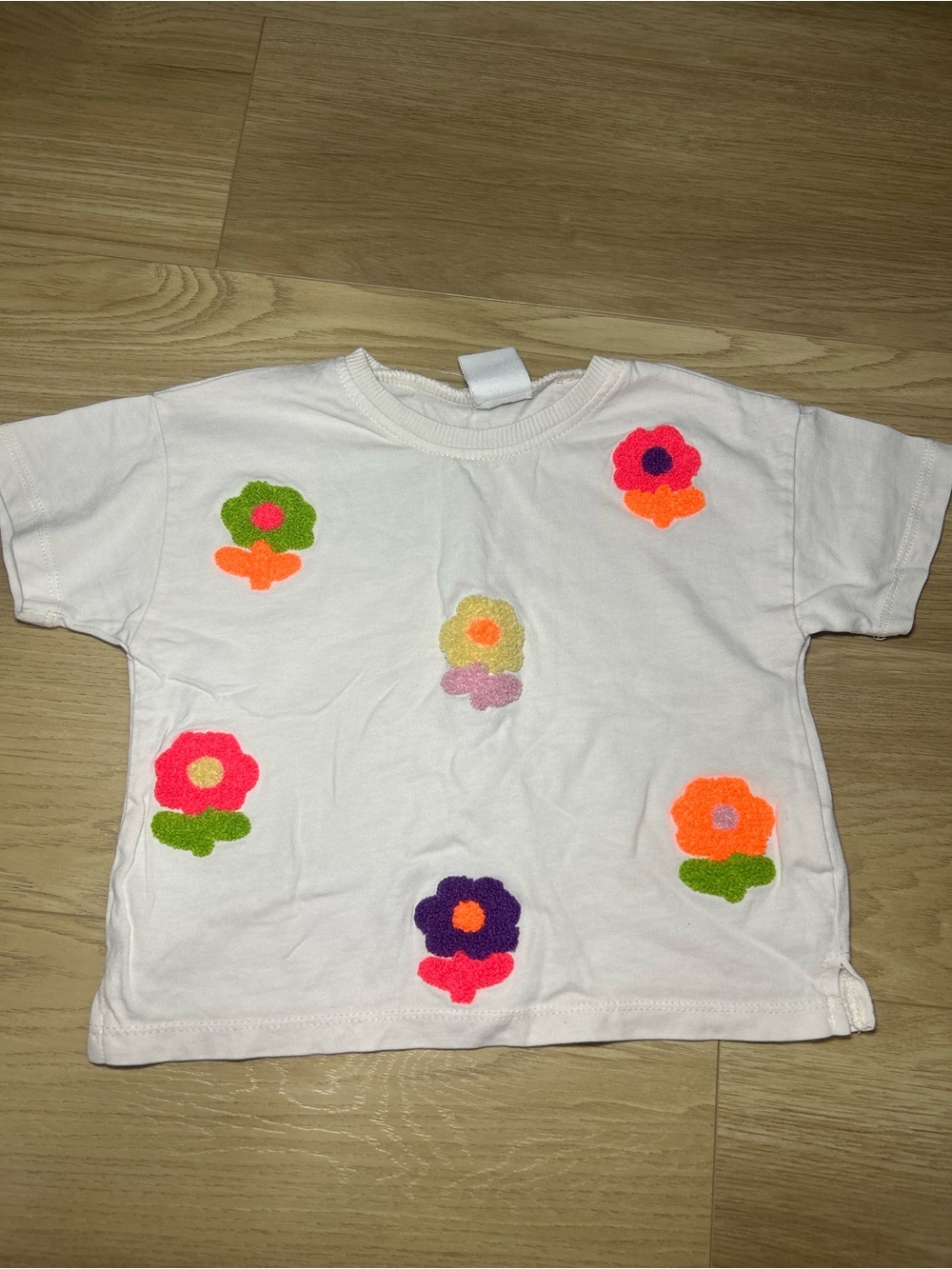 Zara White Tee with Neon Multicolor Flower Appliqués